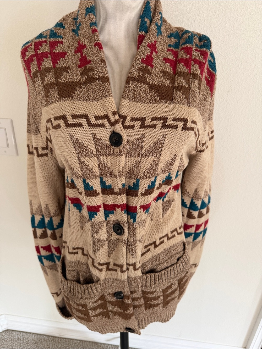 Pendleton Beige Aztec Shawl Collar Cardigan with Teal & Red Accents - Picture 2 of 7